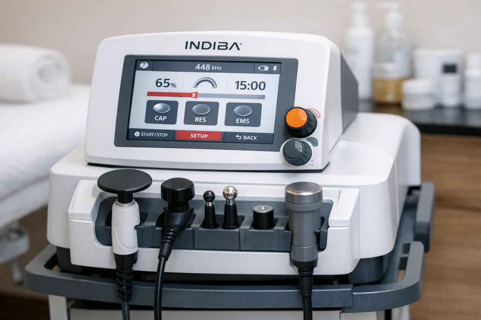 Urządzenie Indiba w gabinecie, widok panelu i głowic