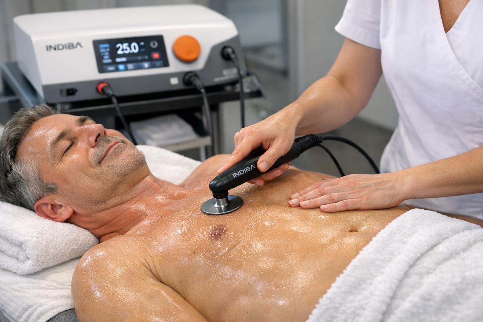 Pacjent podczas terapii facecińskiej / sesja Indiba, aplikacja na skórę