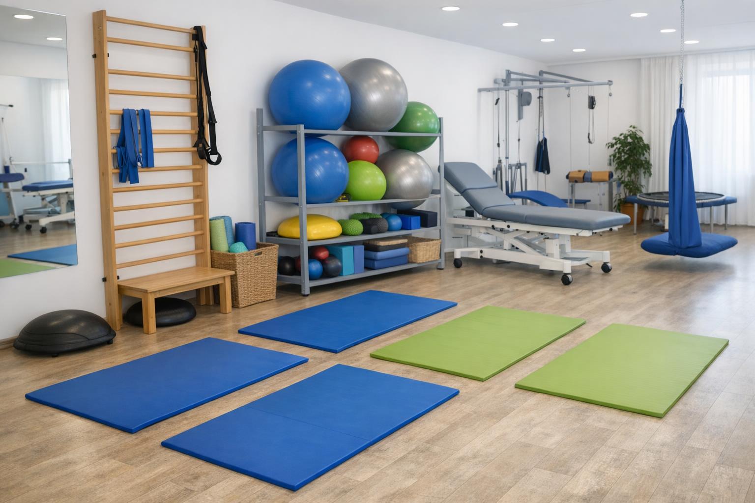 Sala rehabilitacyjna w krakowskim gabinecie z matami i piłkami