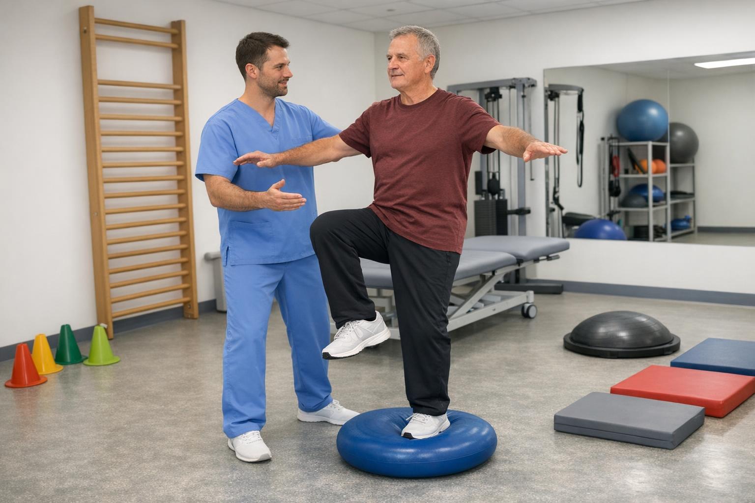 Opis zdjęcia: terapeuta prowadzi ćwiczenie równowagi z pacjentem - sala rehabilitacyjna